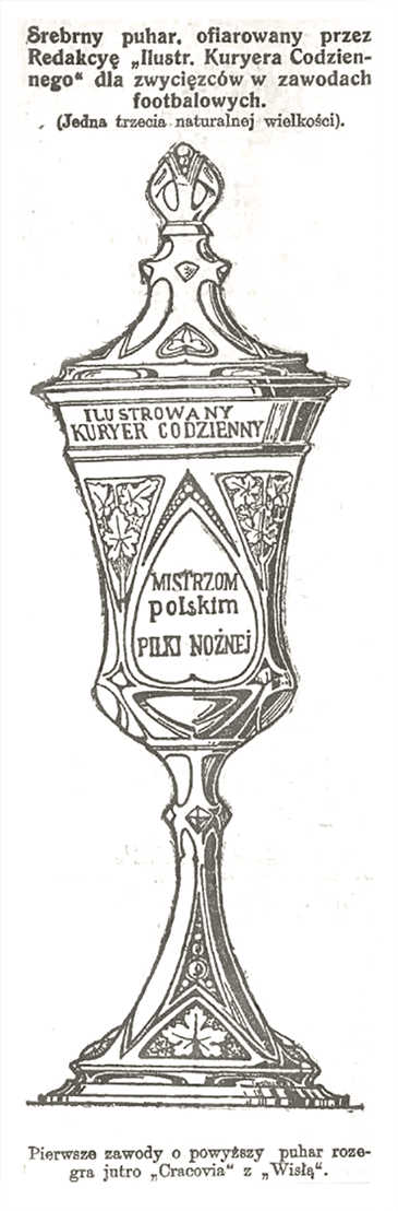 Srebrny Puchar ufundowany przez Ilustrowany Kuryer Codzienny dla zwycięzcy Mistrzostw Galicji (rys. Ilustrowany Kuryer Codzienny 09.11.1913)