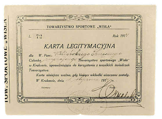 1914 — Karta legitymacyjna TS Wisła Kraków (fot. biuletyn „REMIS” Polskiego Klubu Kolekcjonerów Sportowych)
